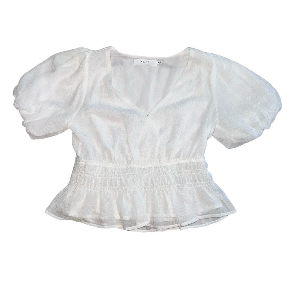 ASTR The Label White Chifon Peplum Balloo Sleeve V Neck Lined Blouse Size M